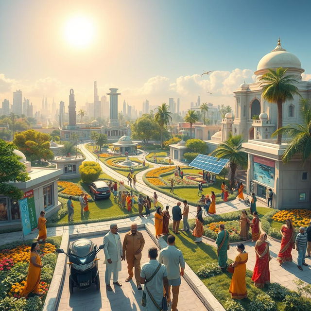 An imaginative representation of a futuristic India in the year 2047, inspired by the aspirations outlined in Narendra Modi's 'Vikshit Bharat' and the visionary ideas from Salakh Khan's book