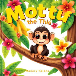 A colorful cover illustration featuring Mottu, a small and mischievous monkey with large, playful eyes and a cheeky grin, sitting comfortably on a tree branch