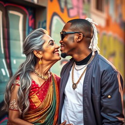 An intimate moment between an older Indian lady and a young black male rapper, both smiling as they share a kiss