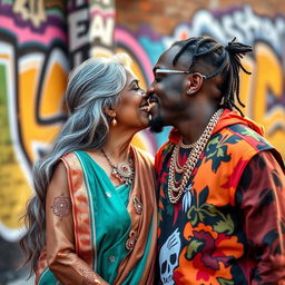 An intimate moment between an older Indian lady and a young black male rapper, both smiling as they share a kiss