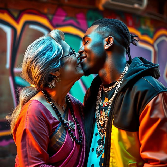 An intimate moment between an older Indian lady and a young black male rapper, both smiling as they share a kiss