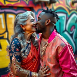 An intimate moment between an older Indian lady and a young black male rapper, both smiling as they share a kiss