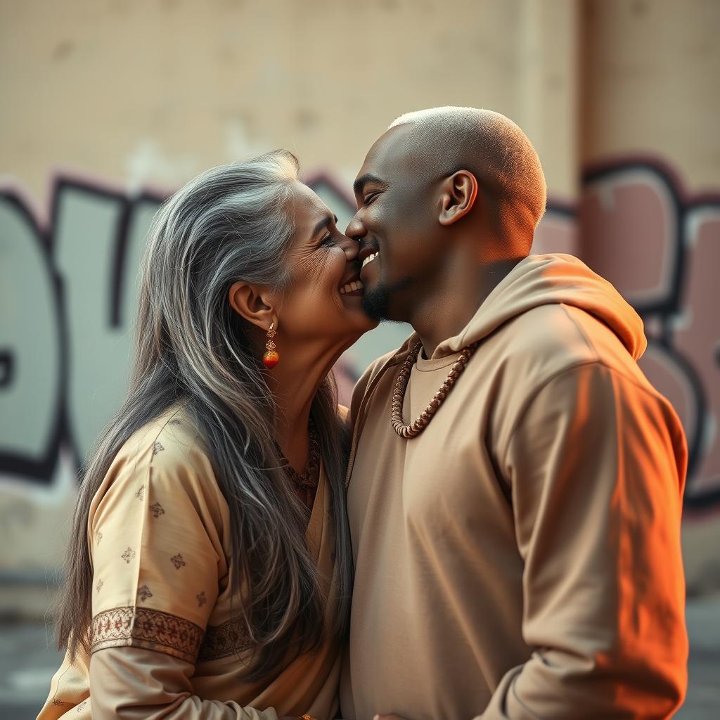 An intimate moment between an older Indian lady and a young black male rapper, both smiling as they share a kiss