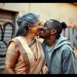 An intimate moment between an older Indian lady and a young black male rapper, both smiling as they share a kiss