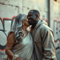An intimate moment between an older Indian lady and a young black male rapper, both smiling as they share a kiss