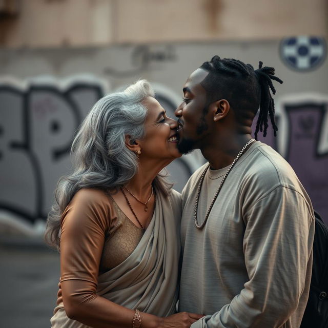 An intimate moment between an older Indian lady and a young black male rapper, both smiling as they share a kiss