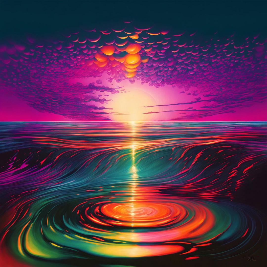 Psychedelic surrealism with a melting sun bleeding into a kaleidoscopic ocean at horizon.