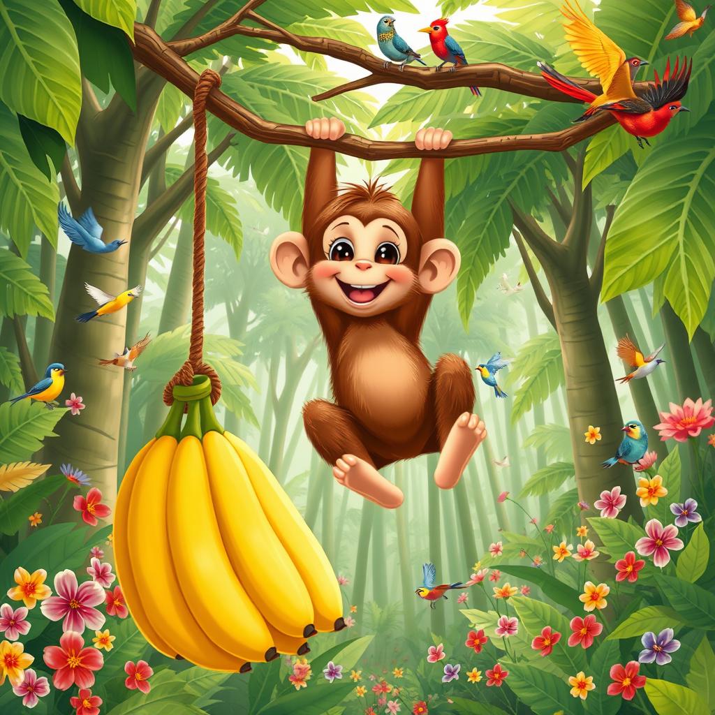 An enchanting illustration of a small monkey with soft brown fur and bright, expressive eyes, cheerfully swinging from a branch in a lively jungle setting