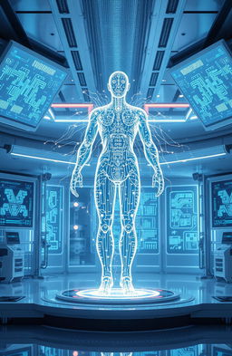 A futuristic AI concept illustration, showcasing an advanced AI hologram in a sleek, modern laboratory setting