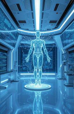 A futuristic AI concept illustration, showcasing an advanced AI hologram in a sleek, modern laboratory setting