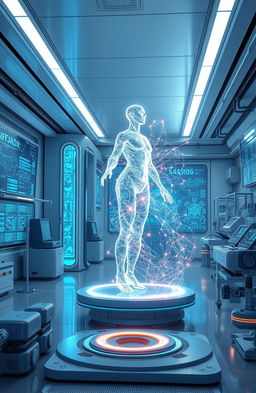 A futuristic AI concept illustration, showcasing an advanced AI hologram in a sleek, modern laboratory setting