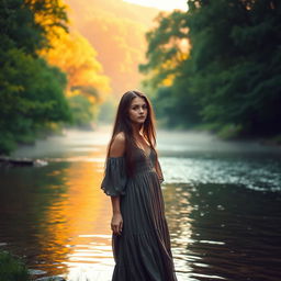 A serene landscape featuring a lush green forest at dawn, with soft golden light illuminating the trees