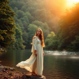 A serene landscape featuring a lush green forest at dawn, with soft golden light illuminating the trees