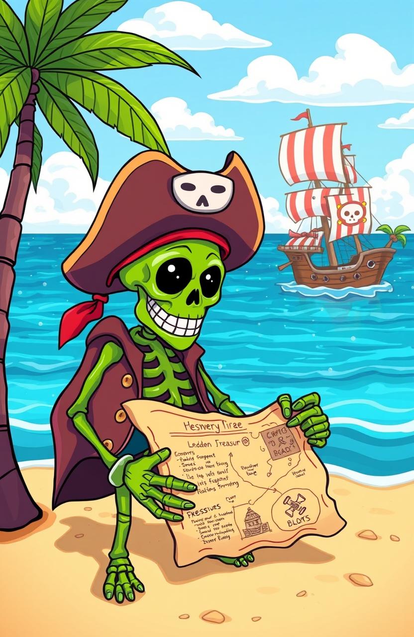 A colorful and whimsical illustration of Sammy the Green Skeleton, an animated skeleton with a vibrant green color, wearing pirate-themed attire, standing on a sandy beach