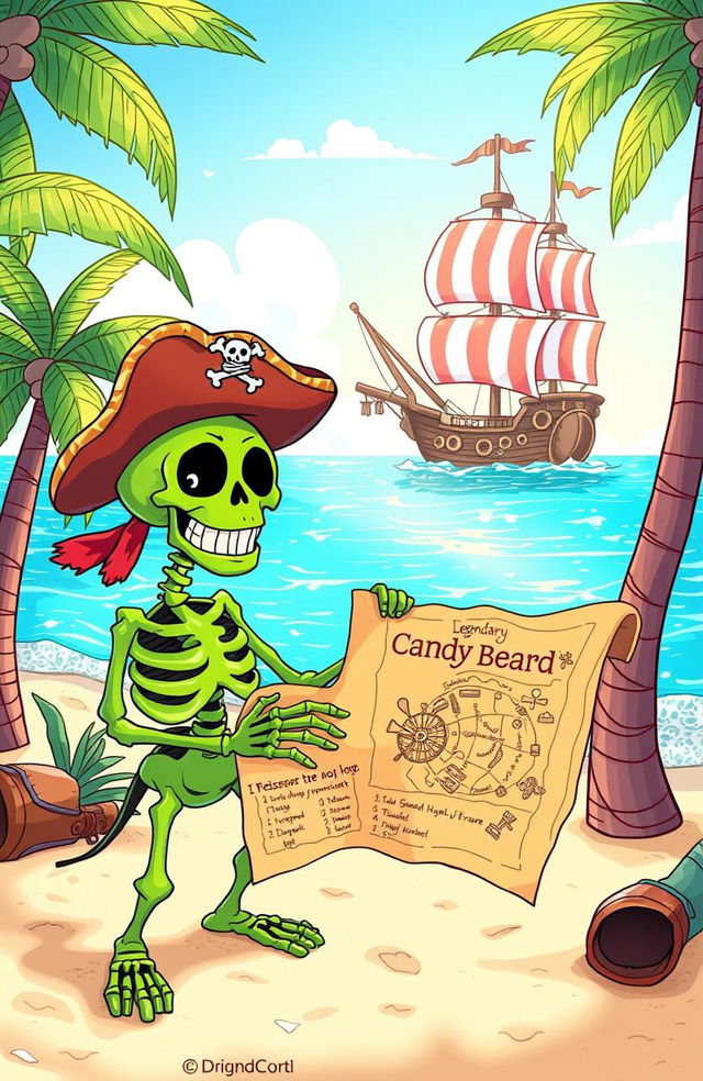 A colorful and whimsical illustration of Sammy the Green Skeleton, an animated skeleton with a vibrant green color, wearing pirate-themed attire, standing on a sandy beach