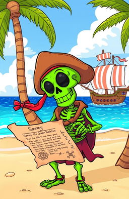 A colorful and whimsical illustration of Sammy the Green Skeleton, an animated skeleton with a vibrant green color, wearing pirate-themed attire, standing on a sandy beach