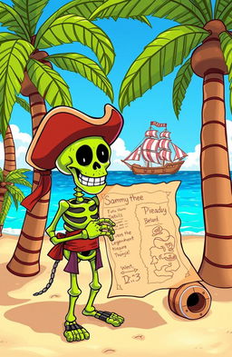 A colorful and whimsical illustration of Sammy the Green Skeleton, an animated skeleton with a vibrant green color, wearing pirate-themed attire, standing on a sandy beach