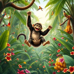 A playful monkey swinging joyfully from a branch in a vibrant jungle