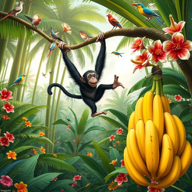 A playful monkey swinging joyfully from a branch in a vibrant jungle