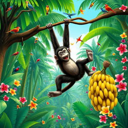 A playful monkey swinging joyfully from a branch in a vibrant jungle