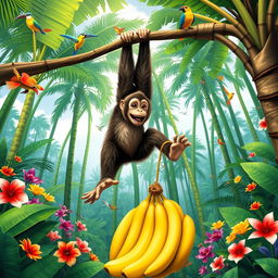 A playful monkey swinging joyfully from a branch in a vibrant jungle