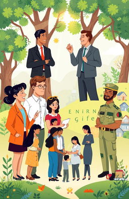 An illustrated depiction of leadership, showcasing a diverse group of leaders in various roles, including a corporate executive, a community organizer, a teacher, and a military officer, all demonstrating core leadership qualities such as communication, empathy, vision, and responsibility