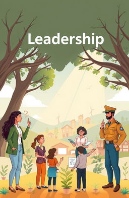 An illustrated depiction of leadership, showcasing a diverse group of leaders in various roles, including a corporate executive, a community organizer, a teacher, and a military officer, all demonstrating core leadership qualities such as communication, empathy, vision, and responsibility