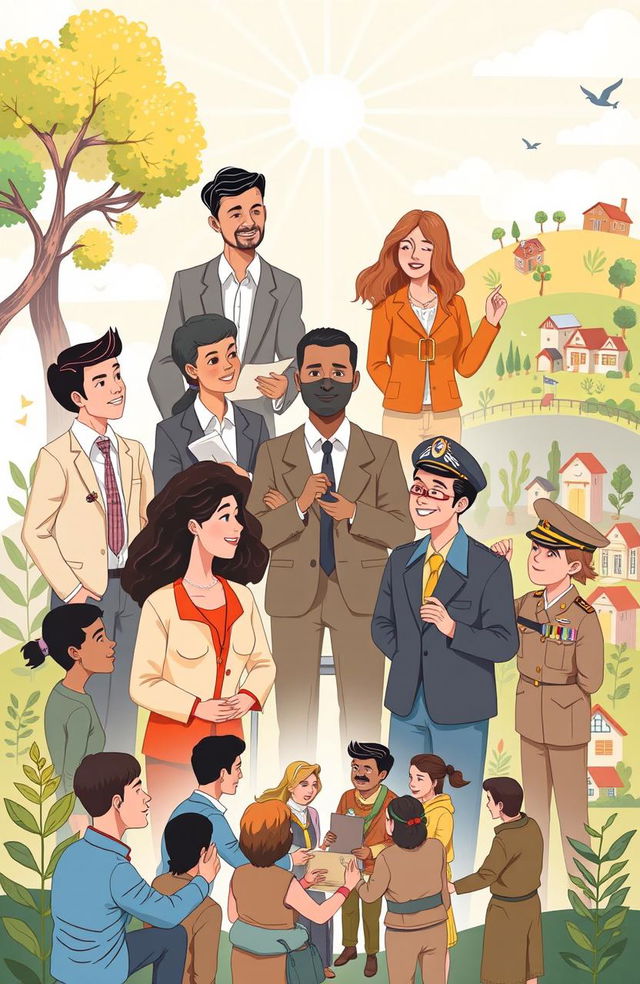 An illustrated depiction of leadership, showcasing a diverse group of leaders in various roles, including a corporate executive, a community organizer, a teacher, and a military officer, all demonstrating core leadership qualities such as communication, empathy, vision, and responsibility