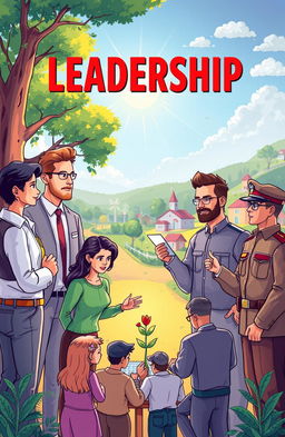 An illustrated depiction of leadership, showcasing a diverse group of leaders in various roles, including a corporate executive, a community organizer, a teacher, and a military officer, all demonstrating core leadership qualities such as communication, empathy, vision, and responsibility