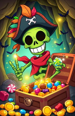 A vibrant and whimsical illustration of Sammy the Green Skeleton, a quirky cartoon skeleton with a big grin, wearing a pirate hat adorned with colorful feathers and a tattered bandana