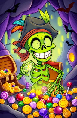 A vibrant and whimsical illustration of Sammy the Green Skeleton, a quirky cartoon skeleton with a big grin, wearing a pirate hat adorned with colorful feathers and a tattered bandana