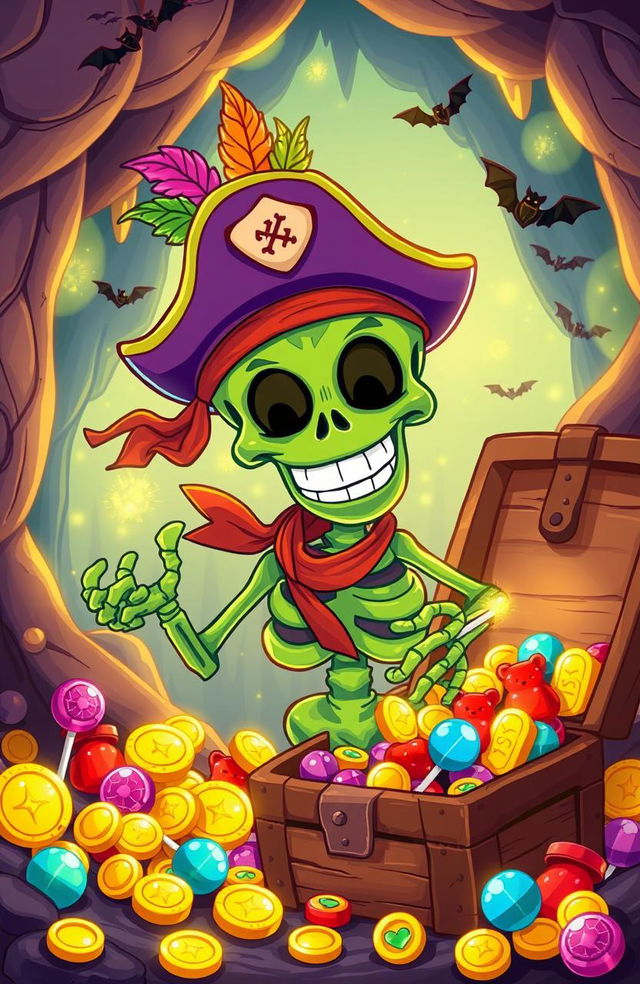 A vibrant and whimsical illustration of Sammy the Green Skeleton, a quirky cartoon skeleton with a big grin, wearing a pirate hat adorned with colorful feathers and a tattered bandana