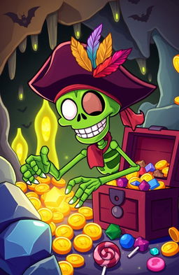 A vibrant and whimsical illustration of Sammy the Green Skeleton, a quirky cartoon skeleton with a big grin, wearing a pirate hat adorned with colorful feathers and a tattered bandana