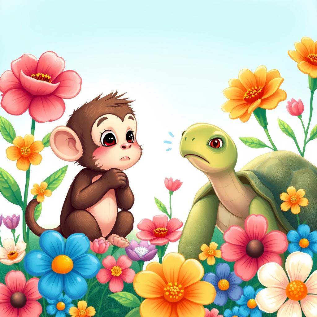 A charming illustration depicting a small monkey looking apologetic as he speaks with a tortoise, who has a disappointed expression