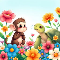 A charming illustration depicting a small monkey looking apologetic as he speaks with a tortoise, who has a disappointed expression