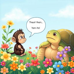 A charming illustration depicting a small monkey looking apologetic as he speaks with a tortoise, who has a disappointed expression
