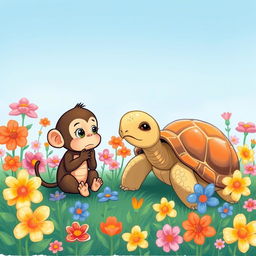 A charming illustration depicting a small monkey looking apologetic as he speaks with a tortoise, who has a disappointed expression