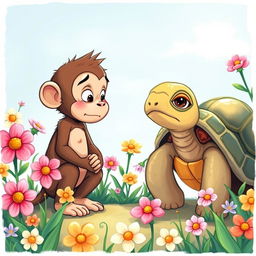 A charming illustration depicting a small monkey looking apologetic as he speaks with a tortoise, who has a disappointed expression