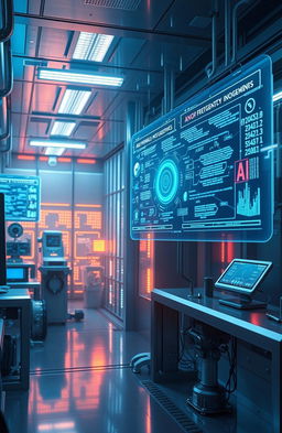 A futuristic, sleek artificial intelligence interface depicted in a modern setting, showcasing glowing holographic screens displaying complex algorithms and data streams
