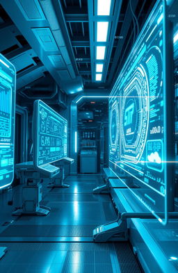 A futuristic, sleek artificial intelligence interface depicted in a modern setting, showcasing glowing holographic screens displaying complex algorithms and data streams