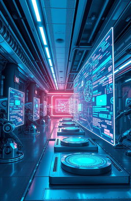 A futuristic, sleek artificial intelligence interface depicted in a modern setting, showcasing glowing holographic screens displaying complex algorithms and data streams