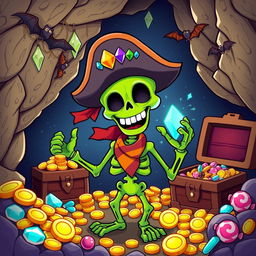 A whimsical and colorful illustration depicting Sammy the Green Skeleton, a cheerful skeleton with a vibrant green hue, donning a classic pirate hat decorated with colorful jewels and a striped bandana