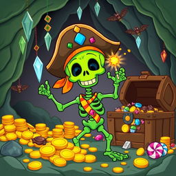 A whimsical and colorful illustration depicting Sammy the Green Skeleton, a cheerful skeleton with a vibrant green hue, donning a classic pirate hat decorated with colorful jewels and a striped bandana