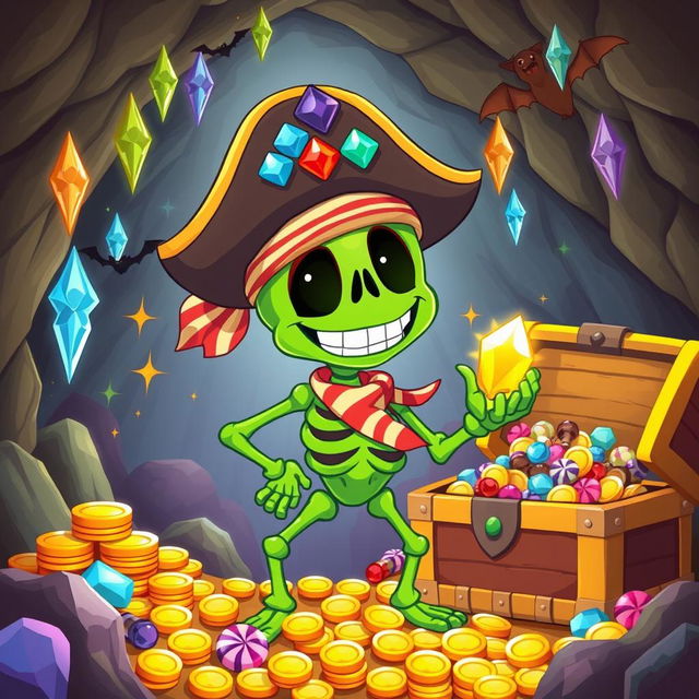 A whimsical and colorful illustration depicting Sammy the Green Skeleton, a cheerful skeleton with a vibrant green hue, donning a classic pirate hat decorated with colorful jewels and a striped bandana