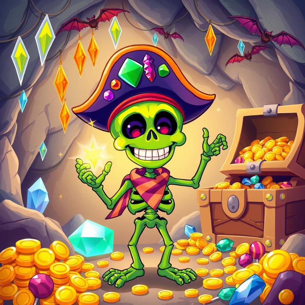 A whimsical and colorful illustration depicting Sammy the Green Skeleton, a cheerful skeleton with a vibrant green hue, donning a classic pirate hat decorated with colorful jewels and a striped bandana