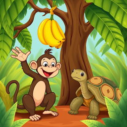 A delightful illustration of a cheeky and playful monkey waving his hand as he chatters with a tortoise, who has a thoughtful expression on his face