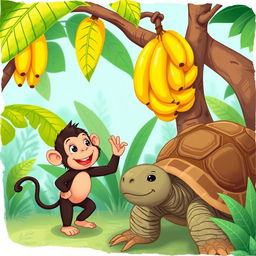 A delightful illustration of a cheeky and playful monkey waving his hand as he chatters with a tortoise, who has a thoughtful expression on his face