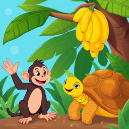 A delightful illustration of a cheeky and playful monkey waving his hand as he chatters with a tortoise, who has a thoughtful expression on his face