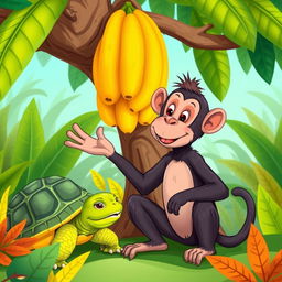 A delightful illustration of a cheeky and playful monkey waving his hand as he chatters with a tortoise, who has a thoughtful expression on his face