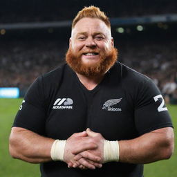 Gragas from League of Legends donned in the traditional black uniform of the New Zealand All Blacks, looking pumped and ready for a rugby match